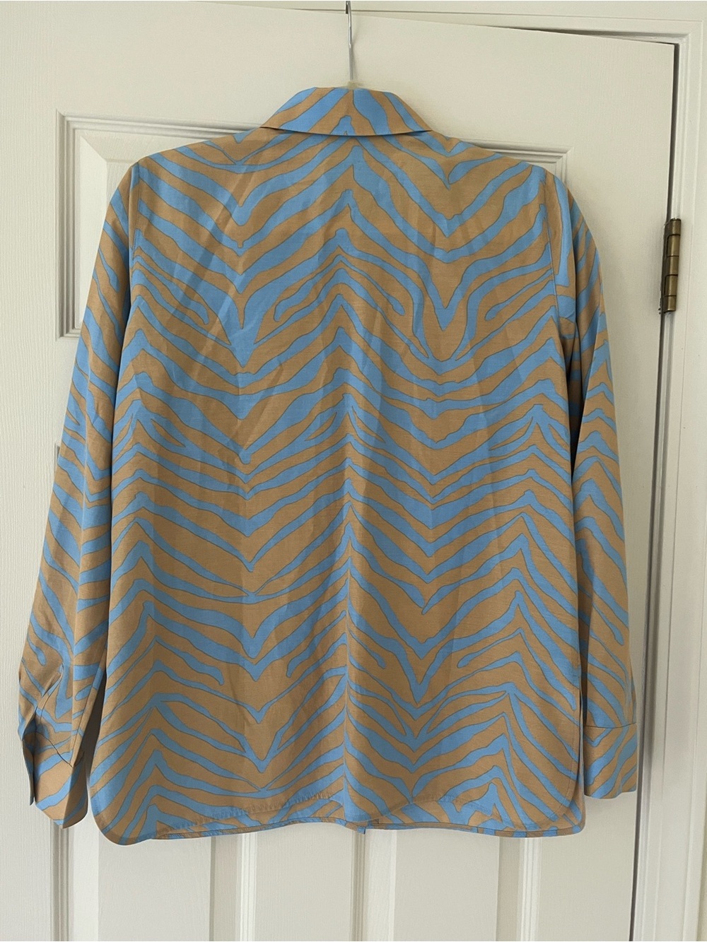 Lafayette 148 New York Ruxton Blue Tan Zebra XS Cotton Silk Blouse Office Chic - Picture 3 of 6